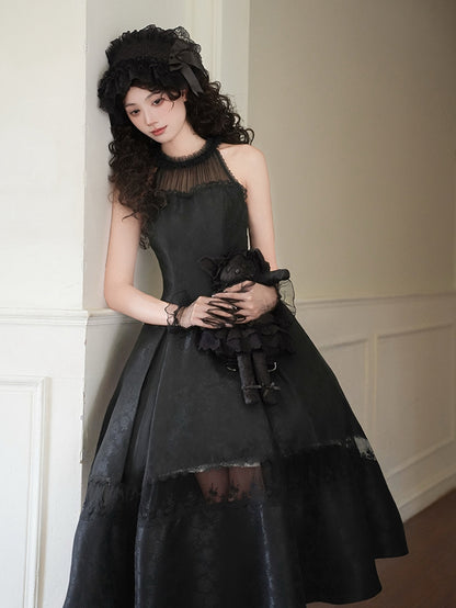 Rosette Jacquard Fabric All Black Illusion Halter Neck Lace Panels Prom Dress