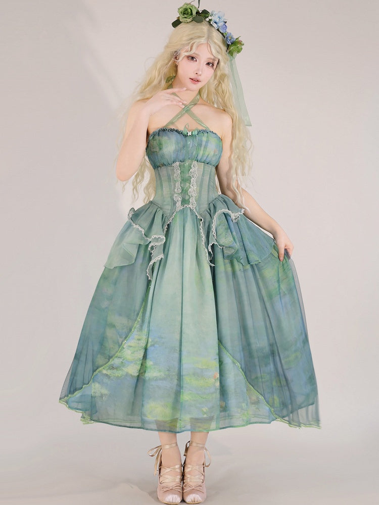 Green Fairy Oil Painting Print Tiered Flounce Hem Halter Boned Corset Top