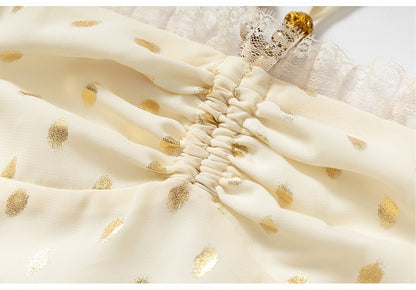 Beige/Black Halter Neck Lace Patches Waist Polka-dot Vintage Strapless Dress