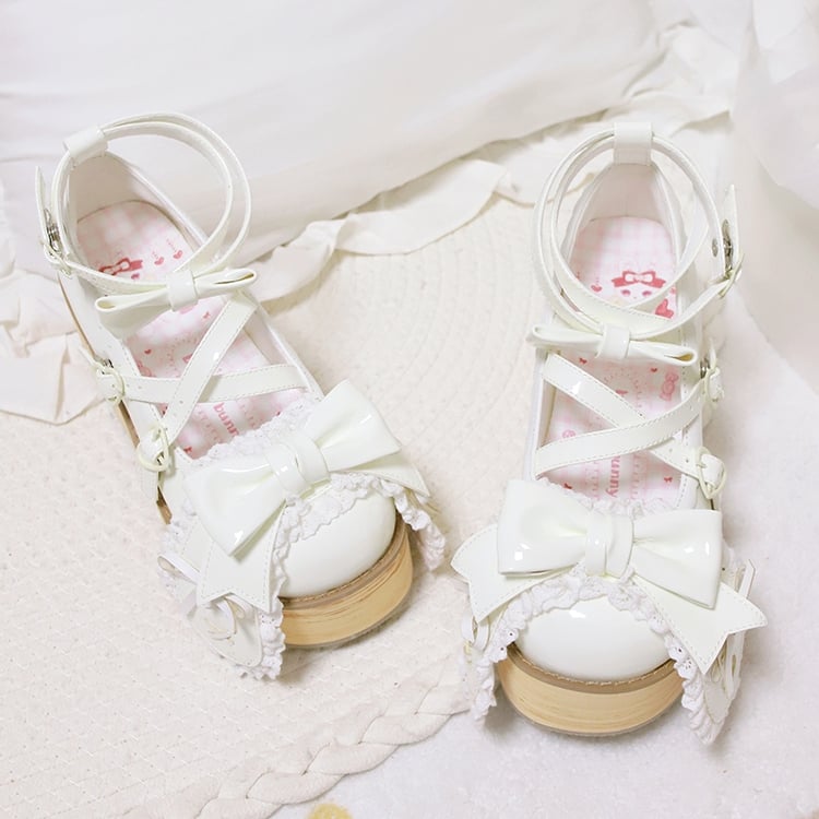 Polished White Bunny Ear Bowknot Old School Sweet Lolita Platforms