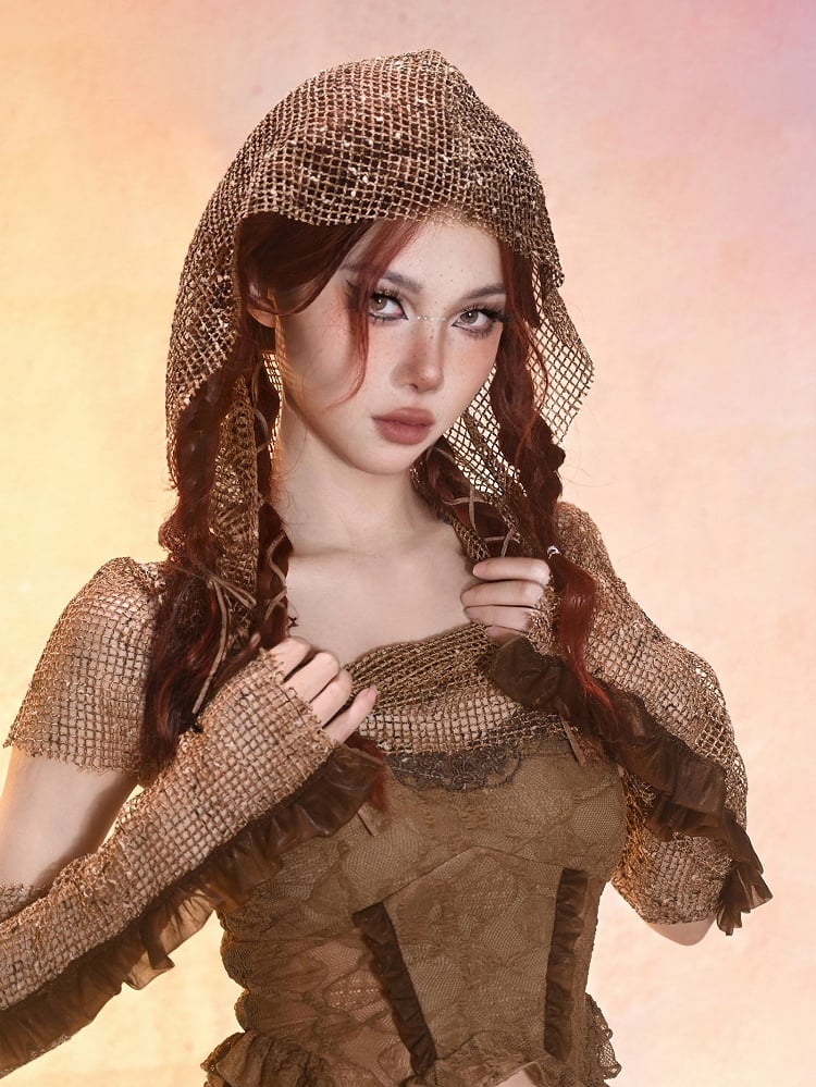 Sand Brown Mesh Fabric Wasteland Punk Hood
