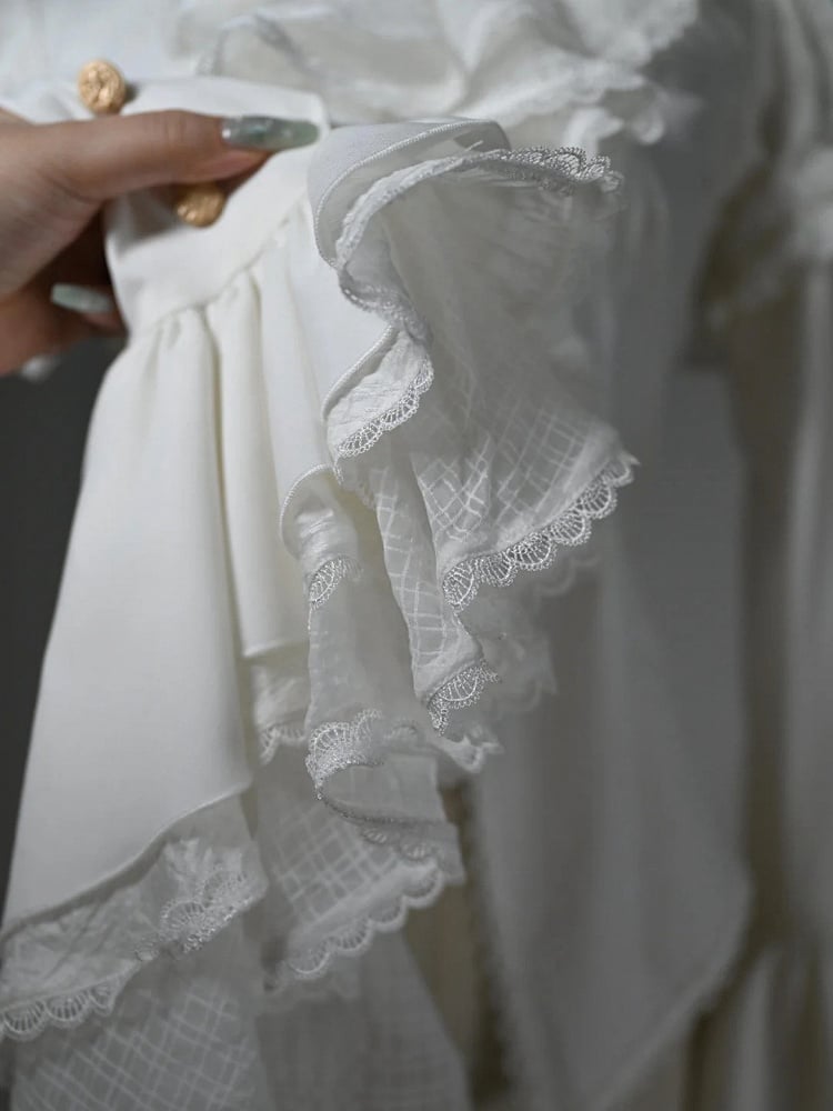 White Jabot Ruffled High Neck High-low Hem Long Sleeves Shirt