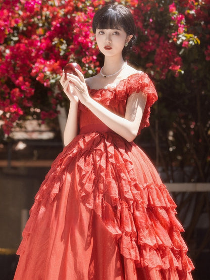 Wine Red/Pink Vintage Lace Ruffle Trim Off-the-shoulder Neckline Dress