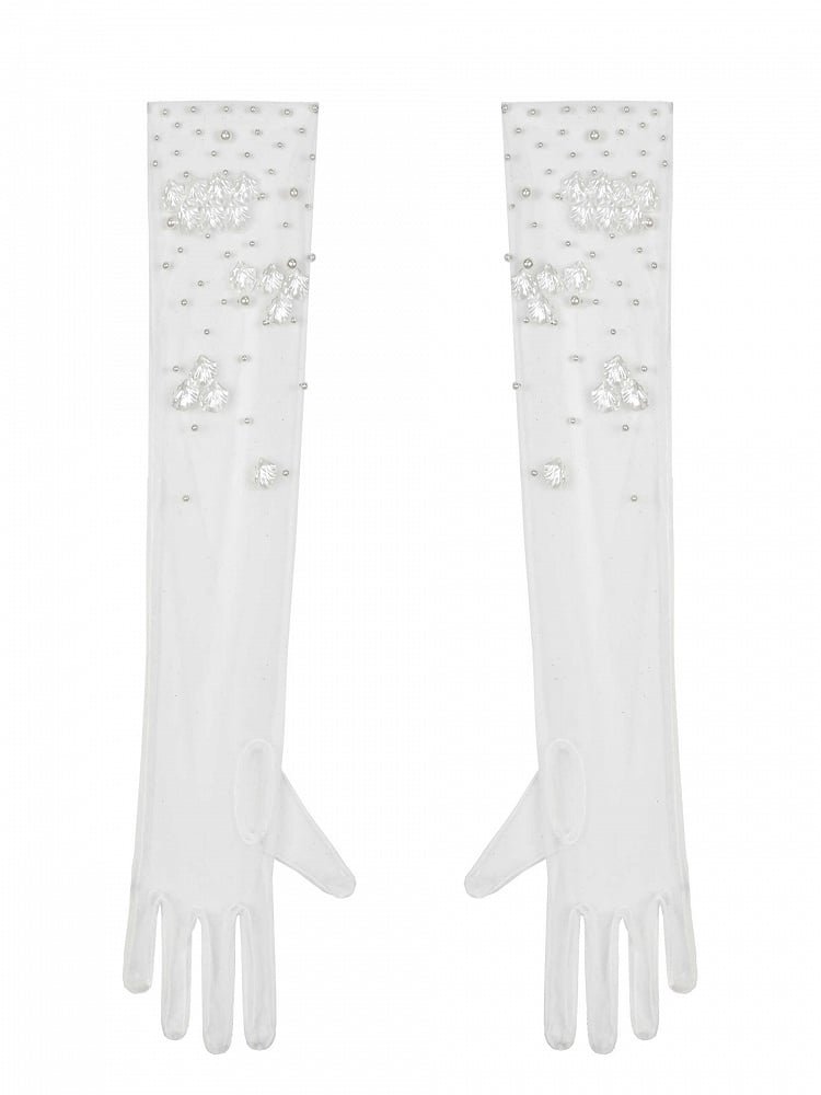 Artificial Pearls and Sea Shells Decorated White Tulle Gloves