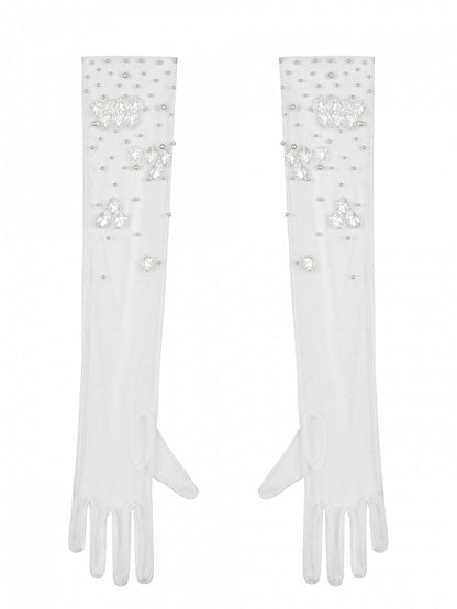 Artificial Pearls and Sea Shells Decorated White Tulle Gloves