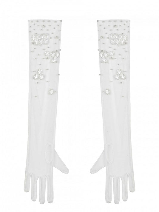 Artificial Pearls and Sea Shells Decorated White Tulle Gloves