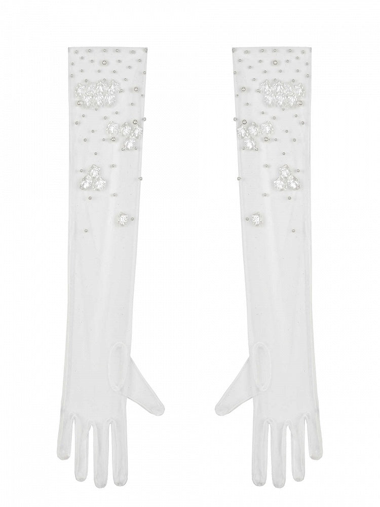 Artificial Pearls and Sea Shells Decorated White Tulle Gloves