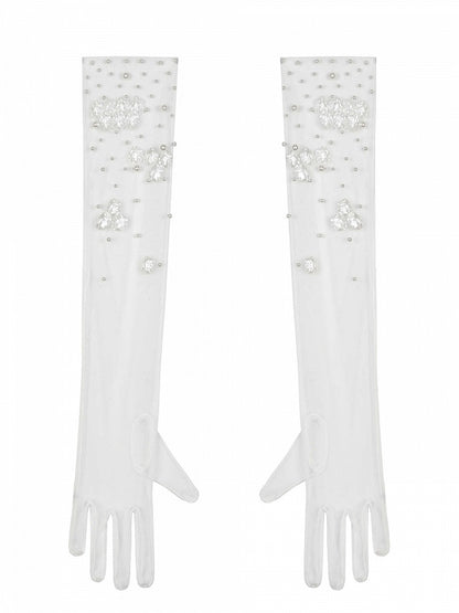 Artificial Pearls and Sea Shells Decorated White Tulle Gloves
