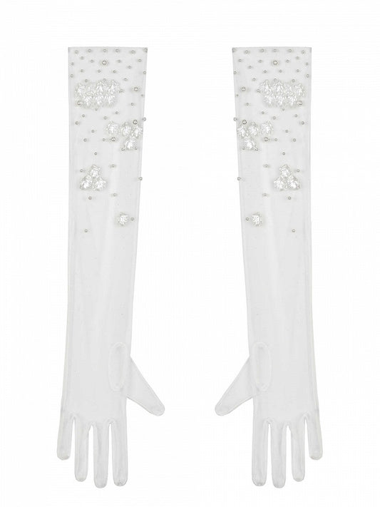 Artificial Pearls and Sea Shells Decorated White Tulle Gloves
