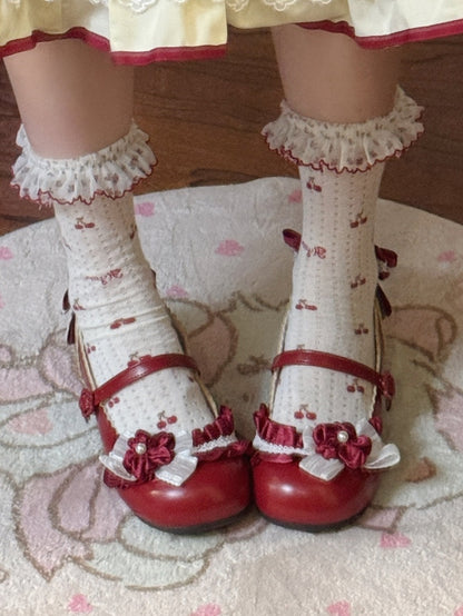 Low-heel Candy Red Mary Janes in PU - Sakura Details, Bow Decor & Flower Clasp