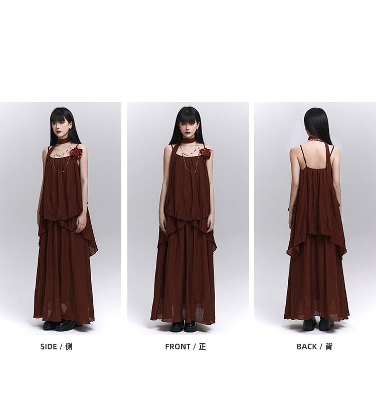 Wine Red Floral Embellished Cami Top with Scarf / Elastic Waist Skirt