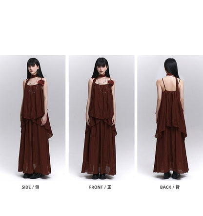 Wine Red Floral Embellished Cami Top with Scarf / Elastic Waist Skirt