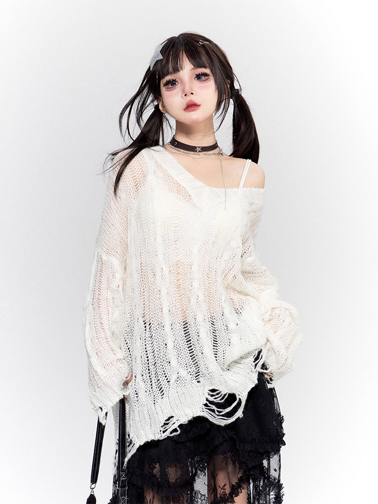 White V-neck Distressed Holes Hollow-out Coverup