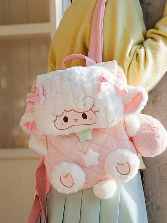 White&Pink Star And Bowknot Decorated Diamond Pattern Plush Lamb Flap Backpack