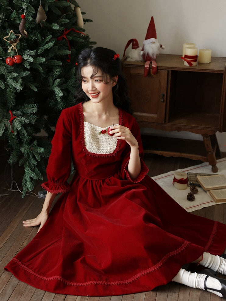 Wine Red Vintage Rose Square Neckline Dress