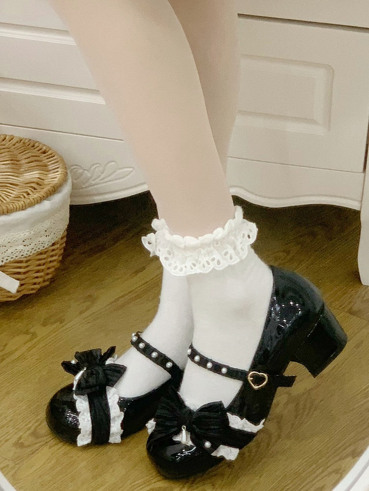 Black Beaded Decorated Bow at Top 2.5CM/5CM Block Heels Round Toe Shoes