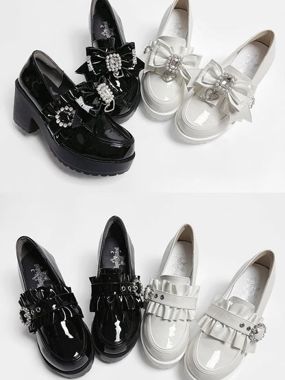 PU Leather Polished White Jirai Kei 7.5cm High Heels with Rhinestone Bead Bow, Ruffles Edging & Slip-On Comfort