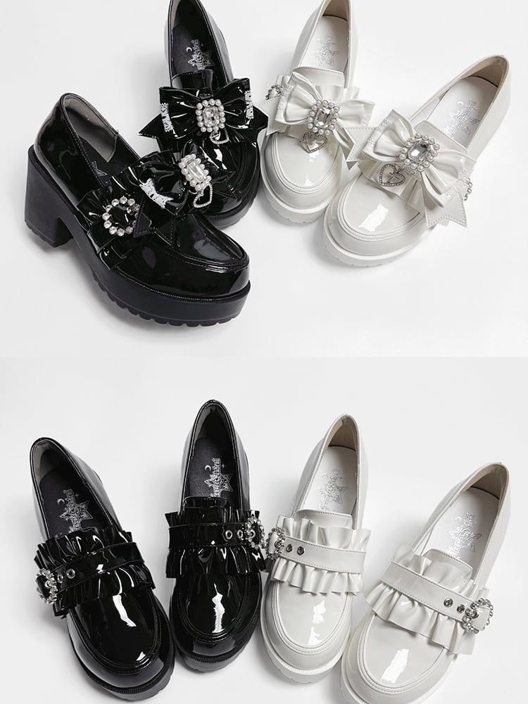 Polished Black Jirai Kei 7.5cm Loafers - Rhinestone And Beads Decor Detachable Bow with Ruffle Trim & Slip-On Design