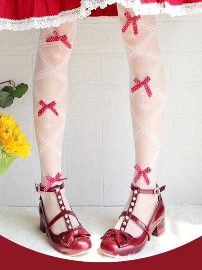 Red/Black Bows Crisscorss Banded Lolita Over Knee Stockings