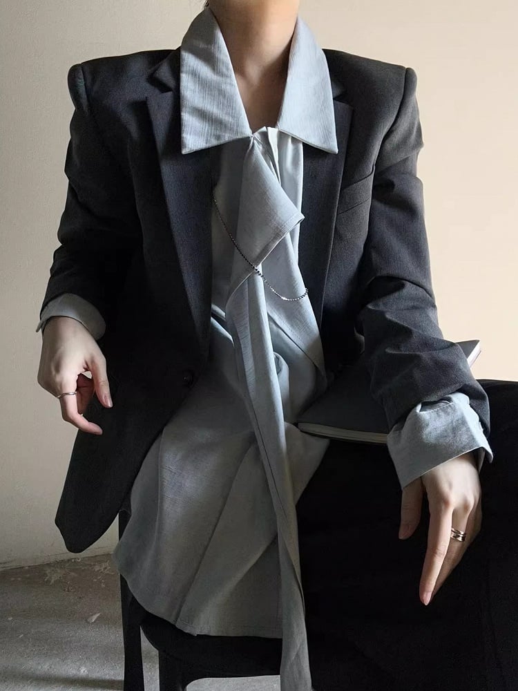 Ouji Lolita Light Blue Retro Pointed Collar Shirt with Long Draping Ribbon & Button Cuff