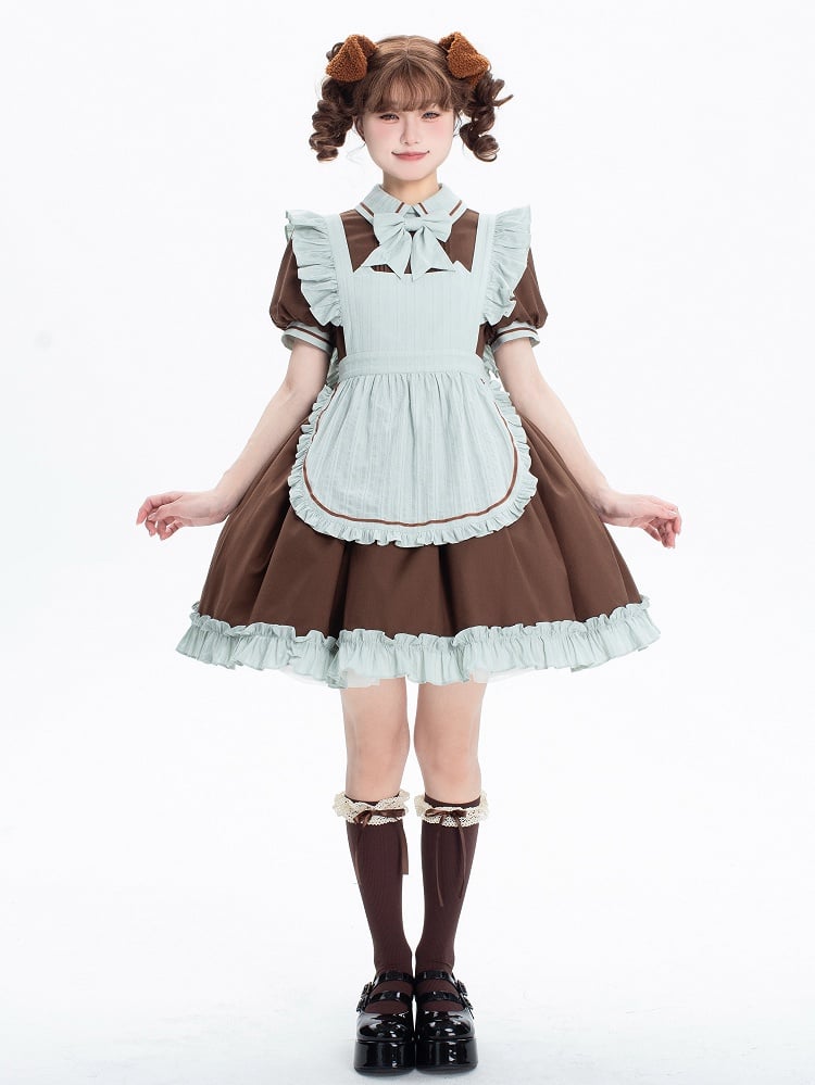 Brown and Mint Green Kitty Maid Lolita Short Puff Sleeves Dress + Apron