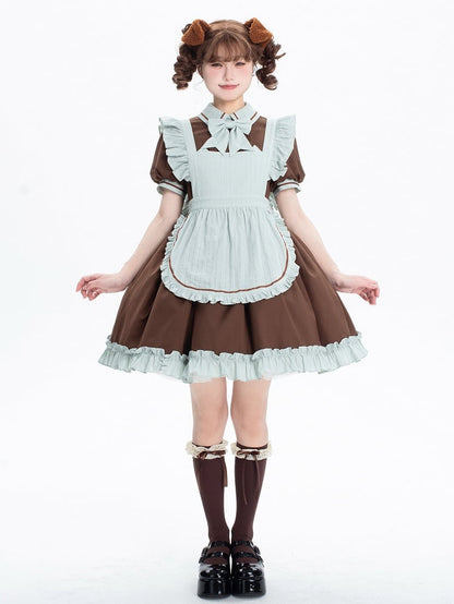 Brown and Mint Green Kitty Maid Lolita Short Puff Sleeves Dress + Apron