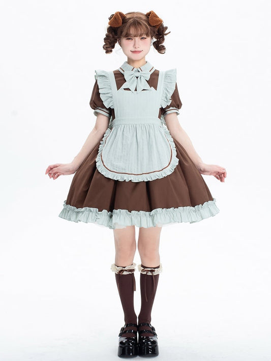 Brown and Mint Green Kitty Maid Lolita Short Puff Sleeves Dress + Apron
