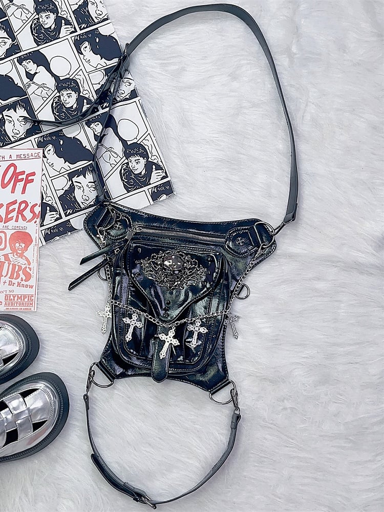 Black Y2K Cross Charm Skeleton Decorated Crossbody Bag