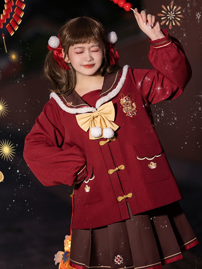 Plus Size New Year Dragon Embroidery Red Sailor Collar Top