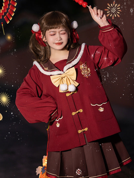 Plus Size New Year Dragon Embroidery Red Sailor Collar Top