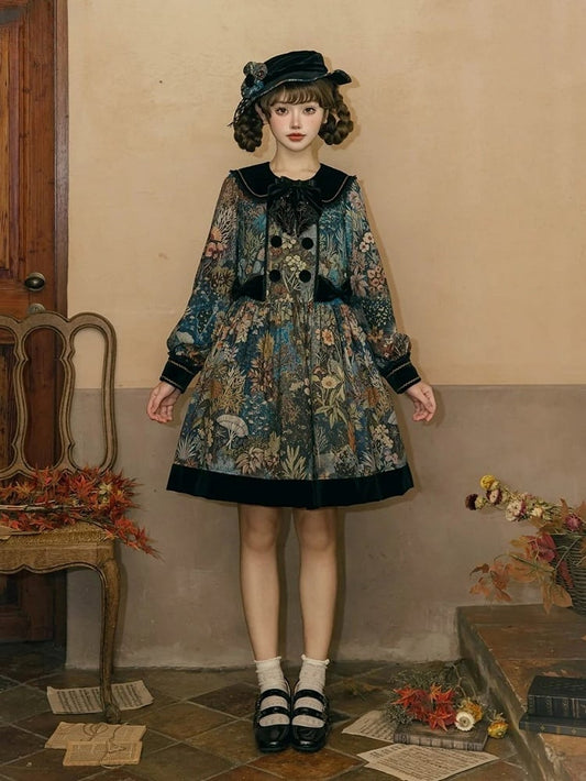 Green & Blue Floral Print Long-Sleeve Elegant Classic Lolita Dress with Black Collar and Cuffs