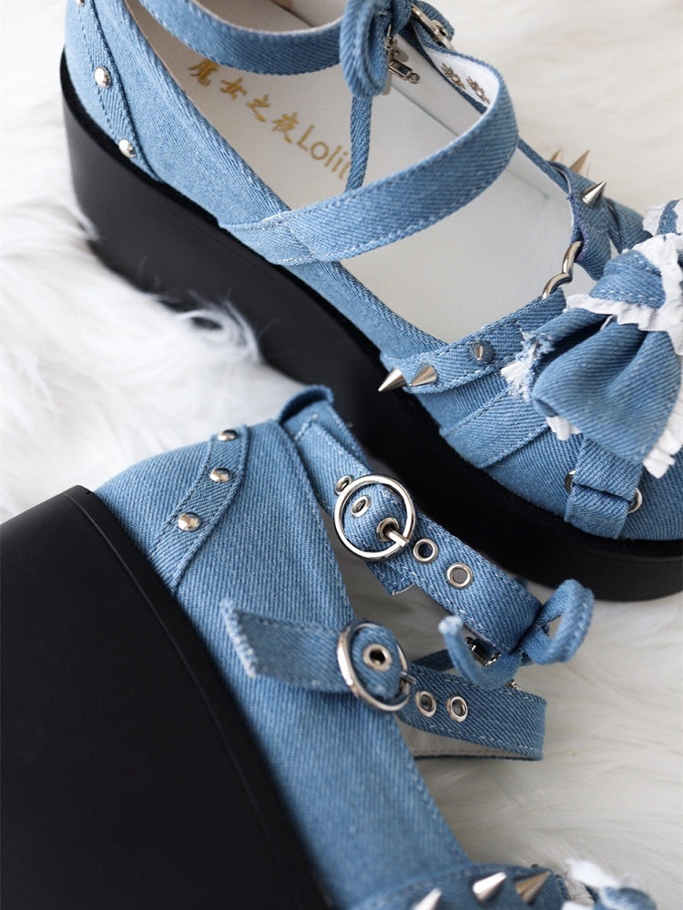 Spike Studs Bow Accents Blue Cross Gothic Platforms Punk Shoes