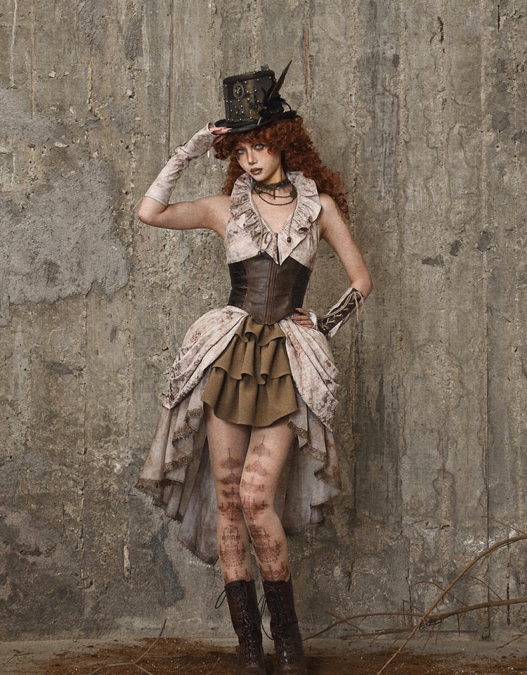 Brown PU Corset Waist Flounce Neckline Sleeveless Top