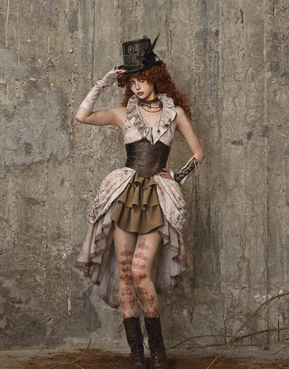 Brown PU Corset Waist Flounce Neckline Sleeveless Top