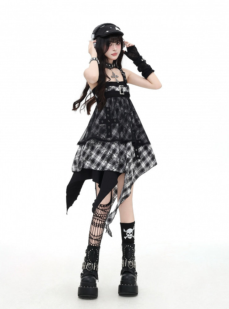 Black and White Plaid Handkerchief Hem Sleeveless Dress With Overlay Two Ways Wear