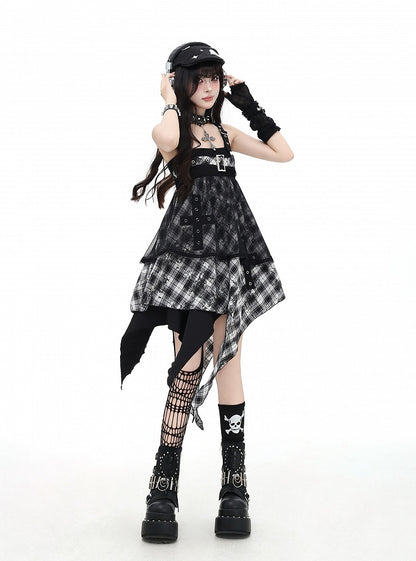 Black and White Plaid Handkerchief Hem Sleeveless Dress With Overlay Two Ways Wear