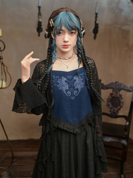 Black Bell Sleeves Asymmetrical Ruffled Hem Hollow-out Lace Cardigan