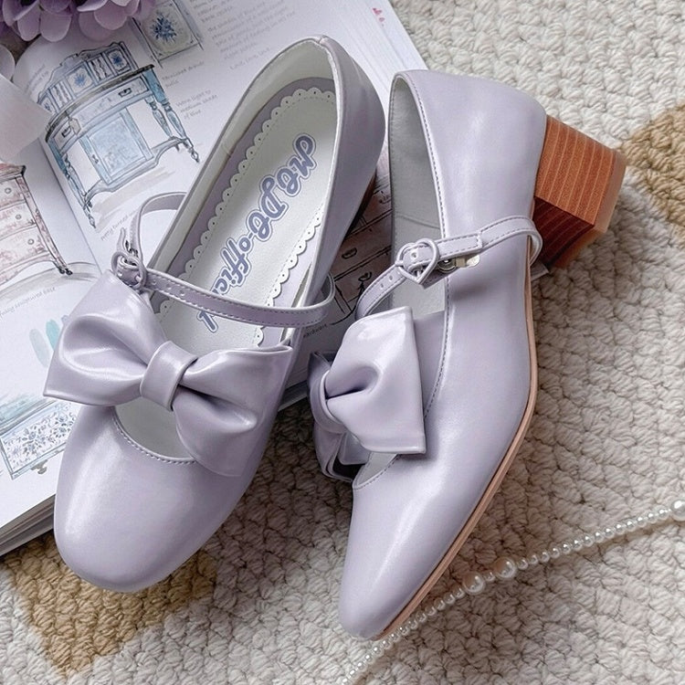 Elegant Purple Mid-heel Mary Janes for Lolita with Bow Embellishments & Heart Closure
