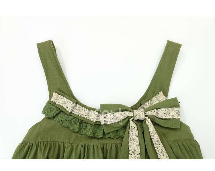 Green Ruffle Hem Sweet Overall Dress with Detachable Bowknot