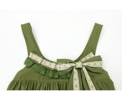 Green Ruffle Hem Sweet Overall Dress with Detachable Bowknot