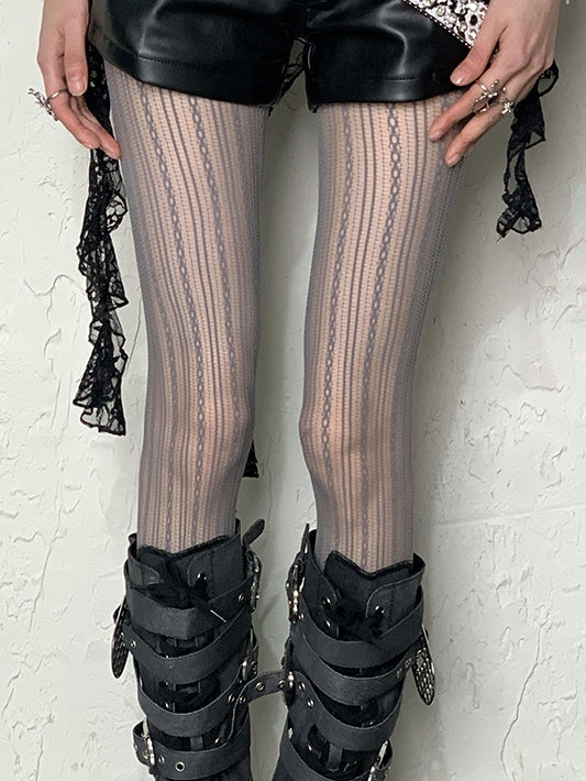Gray Striped Pattern Hollow-out Design Y2K Tights
