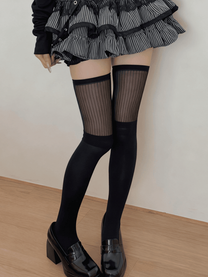 White / Black Stockings with Semi-sheer Vertical Striped Cuff