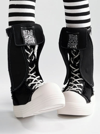 Punk Black Mid-Calf Boots - Bunny Ear Accents with Letter And Rabbit Print, Lace-Up & Inner Zip