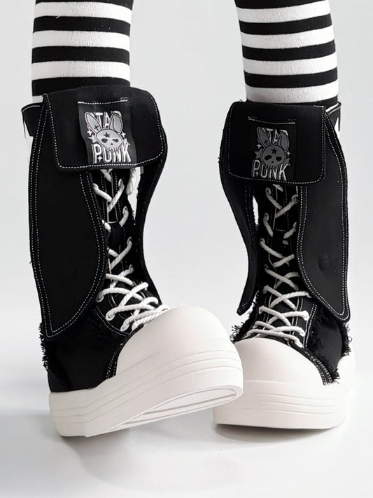 Punk Black Mid-Calf Boots - Bunny Ear Accents with Letter And Rabbit Print, Lace-Up & Inner Zip