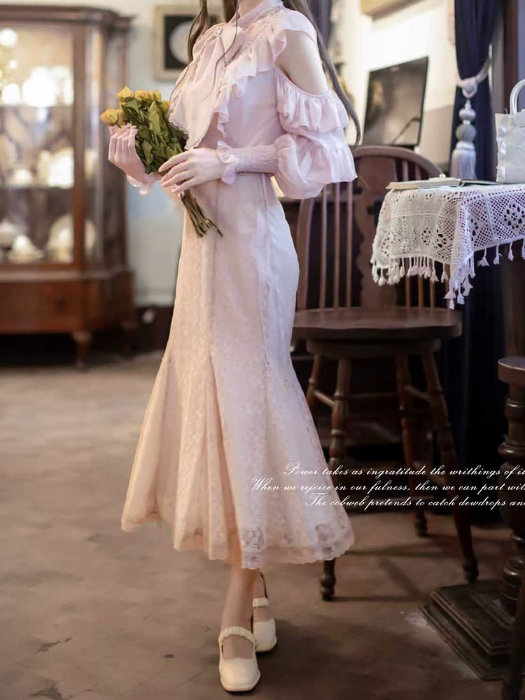 Elegant Jirai Kei Sakura Pink Blouse with Flounce Cutout Shoulders Clean & Pure Aesthetic