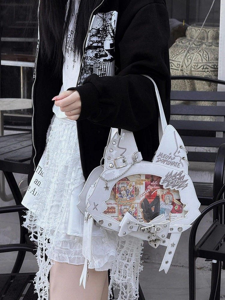 Kitty Ear Design Bowknot Studs Detail White PU Tote Ita Bag with Free Card Holder