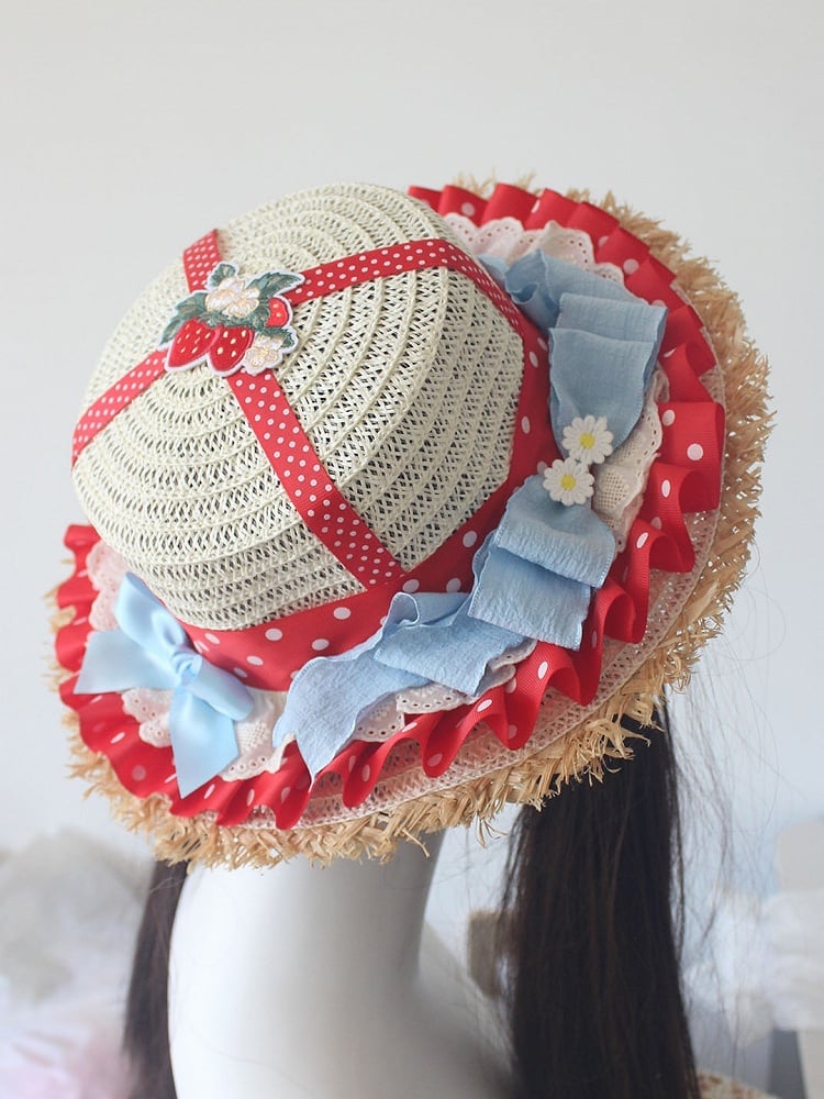 Red Strawberry Applique Bowknot Details Ruffles Trim Straw Hat