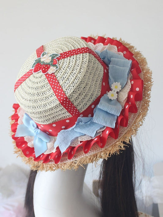 Red Strawberry Applique Bowknot Details Ruffles Trim Straw Hat