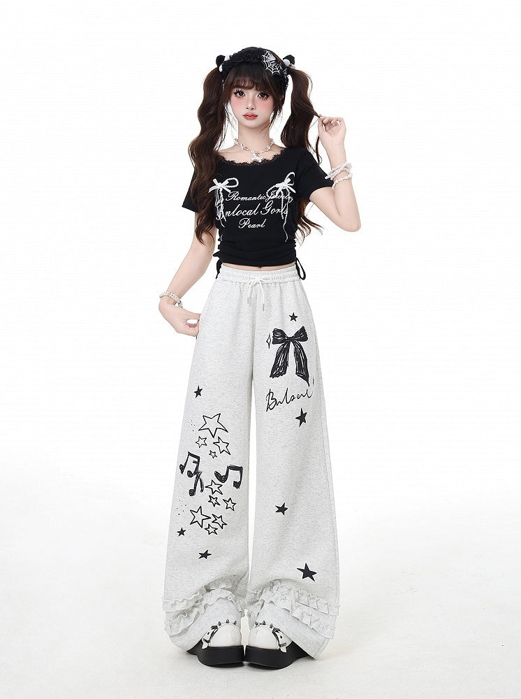 Black/Light Gray Bow and Star Print Vintage Wide-Leg Pants