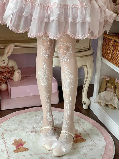 White Rosette Print Sweet Lolita Tights